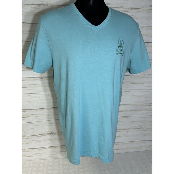 Psycho Bunny Mens Size 6 LARGE  Blue V Neck T Shirt Camo Bunny SOFT PIMA Cotton - Picture 1 of 13